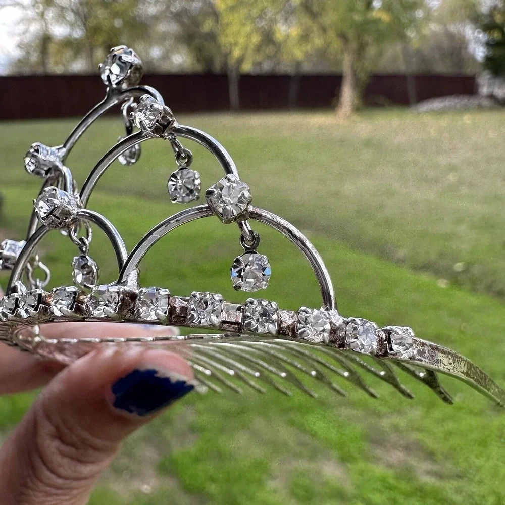 Tiara Crown Hair Clip Rhinestones Silver Tone Weeding Princess‎ Party
